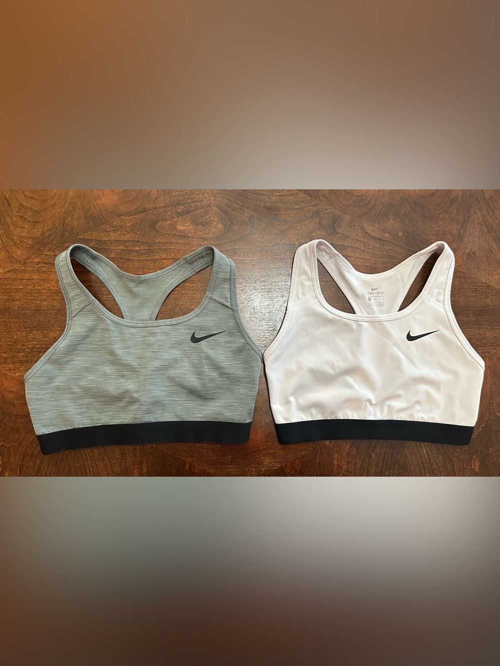 Nike Racerback Sports Bras in Grey Heather and White with Black Band